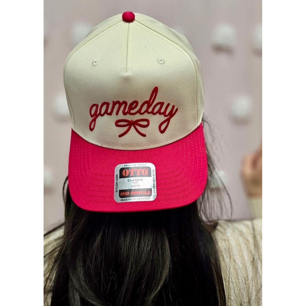 NEW OTTO Gameday Bow Embroidered Snapback Hat Cream Red Two Tone Mid Profile Cap